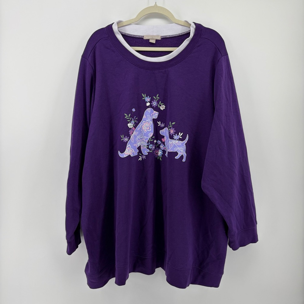 Woman Within Size 4X Purple Sweatshirt Dog Floral Graphic Layered Neck Pullover